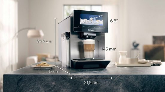 SIEMENS Kaffeevollautomat EQ900 TQ903D43, intuitives 6,8" TFT-Display, Geräuschreduzierung App-Steuerung, Barista-Modus, AromaSelect, 3 Profile, edelstahl